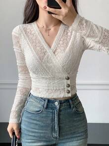 DAZY Women's V-Neck Long Sleeve Button Design Elegant Blouse - Apricot - View 5