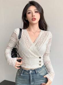 DAZY Women's V-Neck Long Sleeve Button Design Elegant Blouse - Apricot - View 3