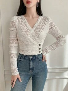 DAZY Women's V-Neck Long Sleeve Button Design Elegant Blouse - Apricot - View 10