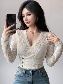 DAZY Women's V-Neck Long Sleeve Button Design Elegant Blouse - Apricot - View 1