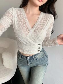 DAZY Women's V-Neck Long Sleeve Button Design Elegant Blouse - Apricot - View 2