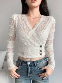 DAZY Women's V-Neck Long Sleeve Button Design Elegant Blouse - Apricot - View 4