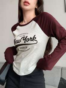DAZY Contrast Raglan Sleeve Letter Graphic Curved Hem Tee,Fall Clothes Long Sleeve Women Tops - Burgundy - View 9