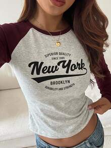 DAZY Contrast Raglan Sleeve Letter Graphic Curved Hem Tee,Fall Clothes Long Sleeve Women Tops - Burgundy - View 5
