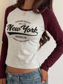 DAZY Contrast Raglan Sleeve Letter Graphic Curved Hem Tee,Fall Clothes Long Sleeve Women Tops - Burgundy - View 4