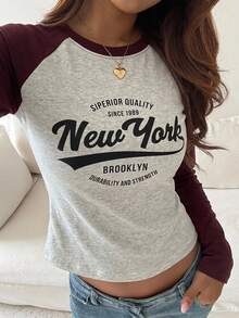 DAZY Contrast Raglan Sleeve Letter Graphic Curved Hem Tee,Fall Clothes Long Sleeve Women Tops - Burgundy - View 2