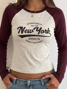 DAZY Contrast Raglan Sleeve Letter Graphic Curved Hem Tee,Fall Clothes Long Sleeve Women Tops - Burgundy - View 3