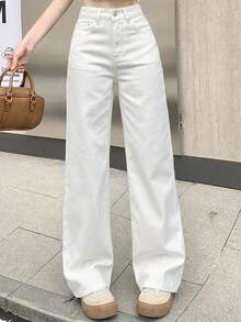 DAZY Women's Solid Color Casual Wide Leg Loose Pocket Korean Style Jeans Petite - White - View 4