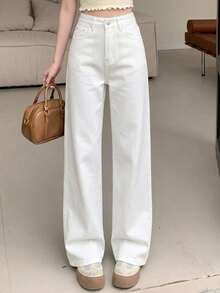 DAZY Women's Solid Color Casual Wide Leg Loose Pocket Korean Style Jeans Petite - White - View 3