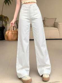 DAZY Women's Solid Color Casual Wide Leg Loose Pocket Korean Style Jeans Petite - White - View 5