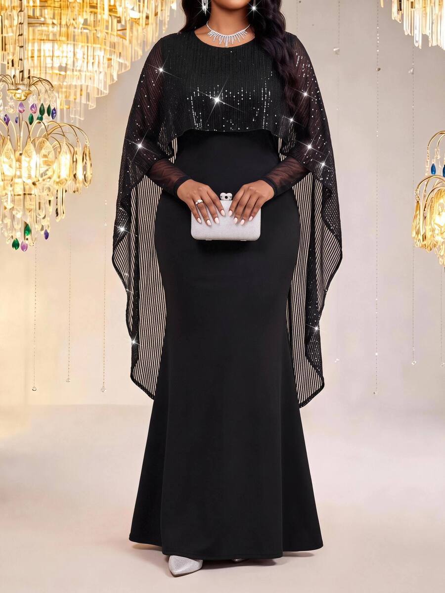 Fleurora Plus Size Elegant French Style Sequin Cape Mermaid Dress Fall - Black - View 1