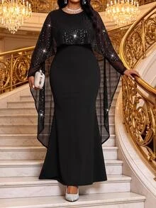 Fleurora Gaun Duyung Berpayet Gaya Prancis Elegan Ukuran Plus untuk Musim Gugur - Hitam - View 5