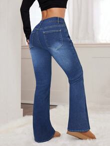 SHEIN PETITE CURVE بنطلون جينز نسائي مقاس كبير بتصميم ممزق وأزرار وقصة واسعة، مناسب للخريف/الشتاء، رسمي وعملي وأنيق، أساسي، قوطي، للهالوين والكريسماس والمهرجانات، PETITE CURVE، مبطن بفليس ناعم - الأزرق - مشاهدة 2