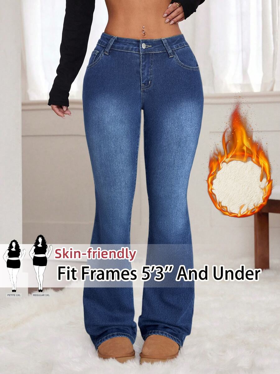 SHEIN PETITE CURVE بنطلون جينز نسائي مقاس كبير بتصميم ممزق وأزرار وقصة واسعة، مناسب للخريف/الشتاء، رسمي وعملي وأنيق، أساسي، قوطي، للهالوين والكريسماس والمهرجانات، PETITE CURVE، مبطن بفليس ناعم - الأزرق - مشاهدة 1
