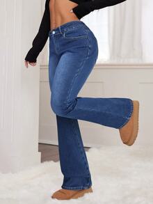 SHEIN PETITE CURVE بنطلون جينز نسائي مقاس كبير بتصميم ممزق وأزرار وقصة واسعة، مناسب للخريف/الشتاء، رسمي وعملي وأنيق، أساسي، قوطي، للهالوين والكريسماس والمهرجانات، PETITE CURVE، مبطن بفليس ناعم - الأزرق - مشاهدة 5