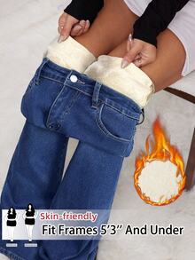 SHEIN PETITE CURVE بنطلون جينز نسائي مقاس كبير بتصميم ممزق وأزرار وقصة واسعة، مناسب للخريف/الشتاء، رسمي وعملي وأنيق، أساسي، قوطي، للهالوين والكريسماس والمهرجانات، PETITE CURVE، مبطن بفليس ناعم - الأزرق - مشاهدة 6
