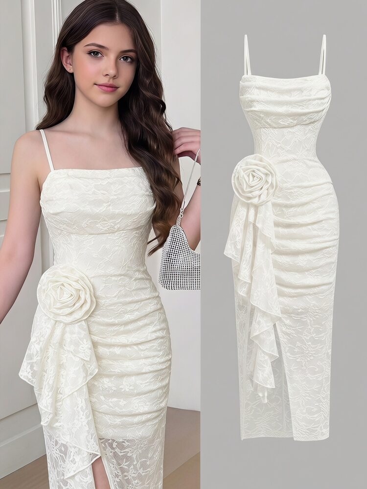SHEIN Teen Girl Teen Girls Elegant White Lace 3D Flower Ruffle Slit Fitted Spaghetti Strap Dress, Party Dress - Apricot - View 1