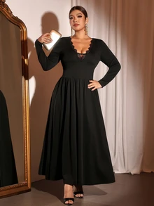 Cravure Gaun Hitam Ukuran Besar dengan Leher V Berenda dan Pinggang Ramping, Lengan Panjang, Model Drape untuk Musim Gugur - Hitam - View 2