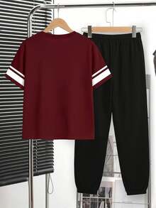 Tween Boy Casual Comfortable Kids Fashion Minimalist Round Neck Short Sleeve T-Shirt And Long Pants Set - Multicolor - View 2