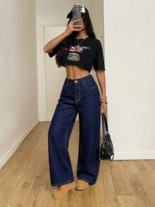 SHEIN PETITE Women's High Waist Fashion Versatile Wide Leg Jeans With Pockets - Blue - View 5