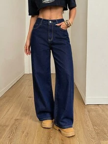 SHEIN PETITE Women's High Waist Fashion Versatile Wide Leg Jeans With Pockets - Blue - View 4