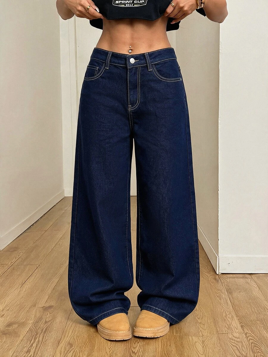 SHEIN PETITE Women's High Waist Fashion Versatile Wide Leg Jeans With Pockets - Blue - View 1