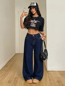 SHEIN PETITE Women's High Waist Fashion Versatile Wide Leg Jeans With Pockets - Blue - View 6