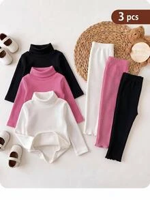 SHEIN 3PCS Baby Girls High Neck Winter Tops - Multicolor - View 1
