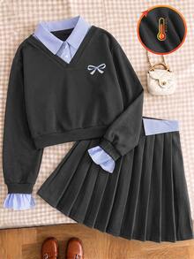 SHEIN Elladie kids 青少年女孩學院風可愛休閒V領假兩件式衛衣百褶裙套裝，蝴蝶結刺繡長袖上衣裙褲套裝 2件組，秋季灰色 - 彩色 - 查看 1