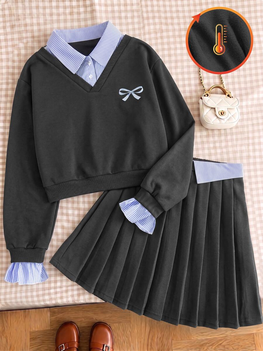 SHEIN Elladie kids 青少年女孩學院風可愛休閒V領假兩件式衛衣百褶裙套裝,蝴蝶結刺繡長袖上衣裙褲套裝 2件組,秋季灰色 - 彩色 - 查看 1