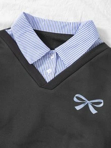 SHEIN Elladie kids 青少年女孩學院風可愛休閒V領假兩件式衛衣百褶裙套裝，蝴蝶結刺繡長袖上衣裙褲套裝 2件組，秋季灰色 - 彩色 - 查看 6