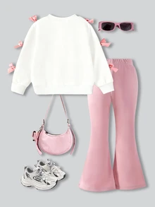 SHEIN Elladie kids مجموعة فتاة ذات طابع حلو وأنيق، تتكون من ملابس علوية بيضاء مزينة بفيونكة ثلاثية الأبعاد + بنطلون ذو قصة واسعة أسود، ملابس علوية سوداء مزينة بفيونكات وردية متعددة، بنطلون ذو قصة واسعة باللون الفوشيا، طابع حلو وأنيق مناسب للعودة إلى المدرسة والخروجات والأناقة الشارعية - متعدد الألوان - مشاهدة 5