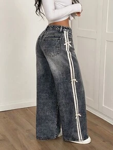 SHEIN PETITE Women's Button Half-Placket Double Pocket Side Ribbon Bow Decor Casual Fashion Jeans - Grey - View 3