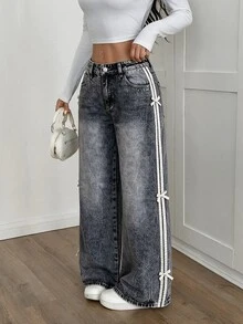 SHEIN PETITE Women's Button Half-Placket Double Pocket Side Ribbon Bow Decor Casual Fashion Jeans - Grey - View 6