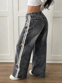 SHEIN PETITE Women's Button Half-Placket Double Pocket Side Ribbon Bow Decor Casual Fashion Jeans - Grey - View 5