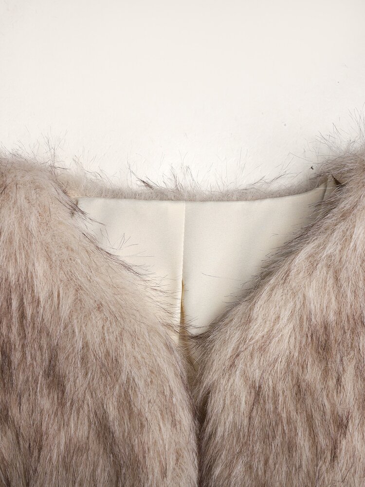 SHEIN Tween Girls Solid Beige Color Long Sleeve Casual Fluffy Jacket In Fall/Winter - Khaki - View 6