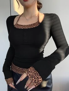 DAZY Women Leopard Print Halter Splicing Long Sleeve T-Shirt - Black - View 8