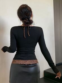 DAZY Women Leopard Print Halter Splicing Long Sleeve T-Shirt - Black - View 9