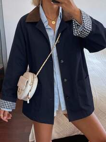 DAZY Women's Casual Contrast Color Windbreaker Jacket, Regular Fit, Autumn Women Coats - Navy Blue - View 2