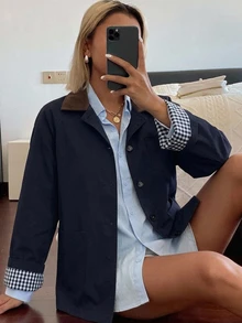 DAZY Women's Casual Contrast Color Windbreaker Jacket, Regular Fit, Autumn Women Coats - Navy Blue - View 4