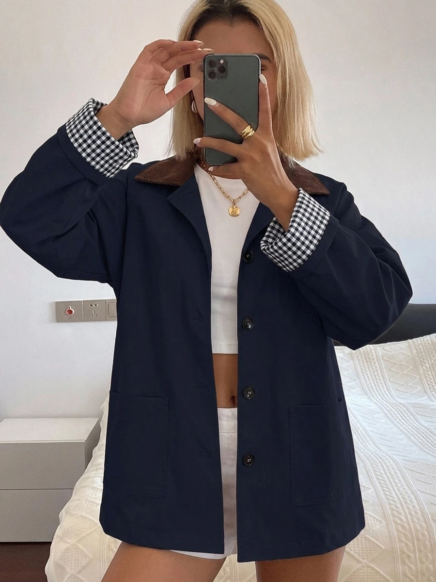 DAZY Women's Casual Contrast Color Windbreaker Jacket, Regular Fit, Autumn Women Coats - Navy Blue - View 1