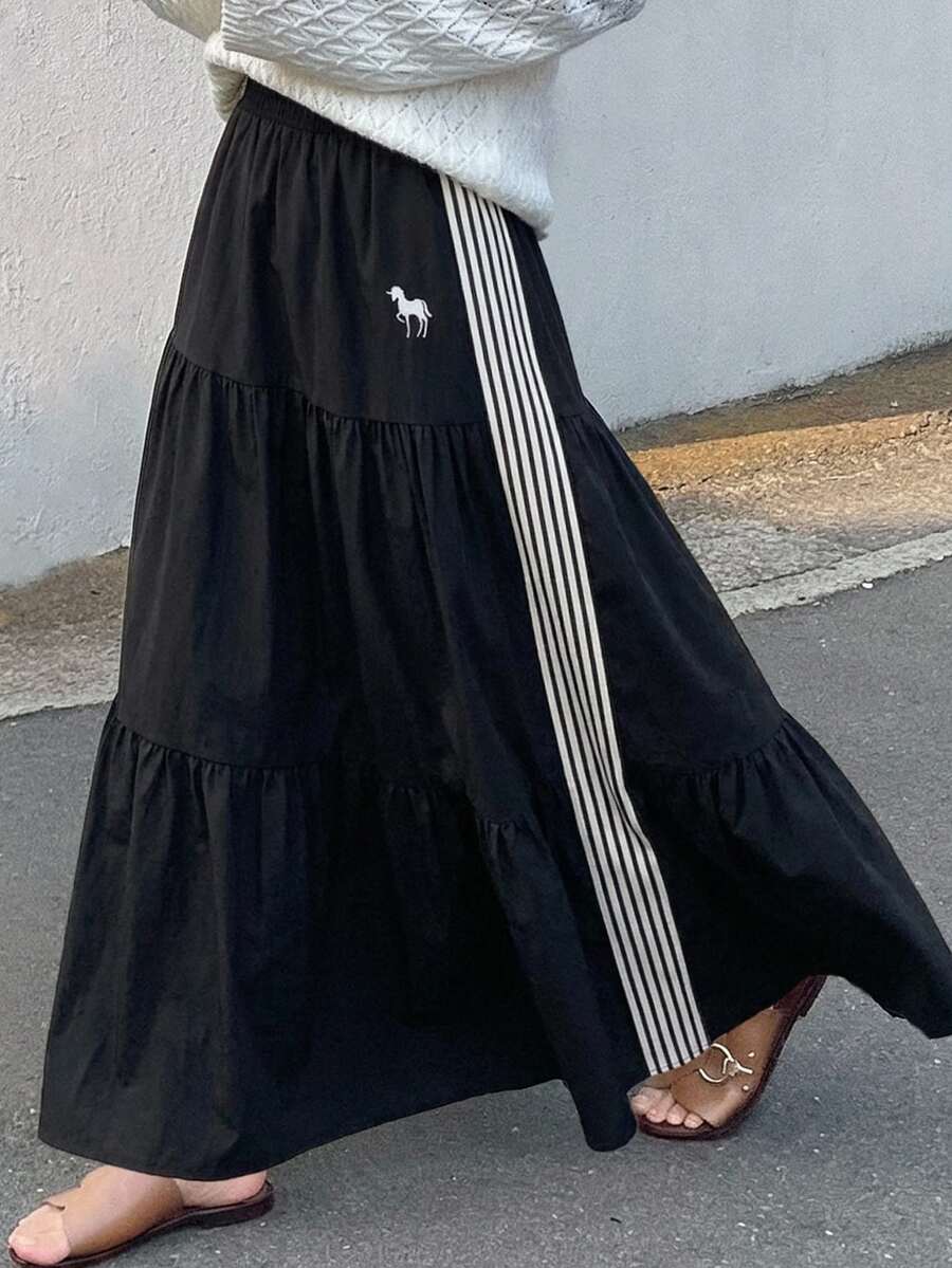 FRIFUL Women's Contrast Color Striped Skirt - Black - View 1