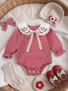 SHEIN Baby Girl Colorblock Peter Pan Collar Colorblock Bow Cute Floral Duck Embroidery Pattern Long Sleeve Plaid Versatile Romper Thick Style Suitable For Winter - Red and White - View 1