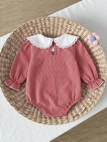 SHEIN Baby Girl Colorblock Peter Pan Collar Colorblock Bow Cute Floral Duck Embroidery Pattern Long Sleeve Plaid Versatile Romper Thick Style Suitable For Winter - Red and White - View 2