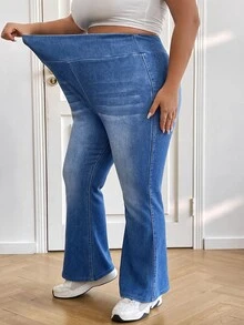 SHEIN CURVE+ 大尺碼女款高腰休閒日常牛仔褲 度假夜店風 藍色 秋季 - 藍色 - 查看 7