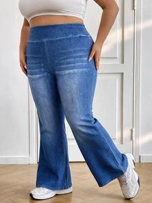 SHEIN CURVE+ 大尺碼女款高腰休閒日常牛仔褲 度假夜店風 藍色 秋季 - 藍色 - 查看 8