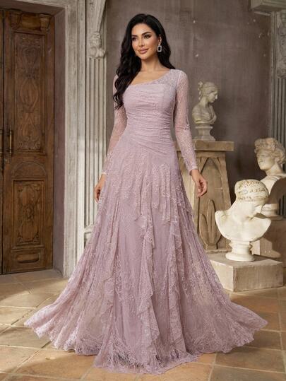 Aureia Elegant Romantic Fashionable Graceful Pink Lace Fabric Cup Pleated Decor Fluted Hemline Extra Large Skirt Elegant Party Dress Wedding Guest Dress Bachelorette Party Dress Formal Evening Gown