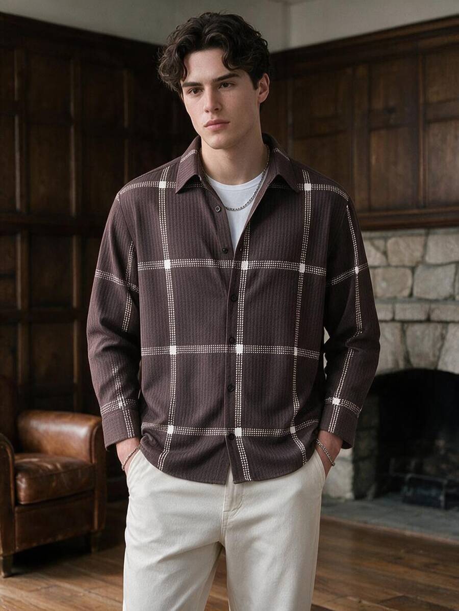 Manfinity Dauomo Men's Casual Commute Plaid Shirt, Autumn - Coffee Brown - View 1