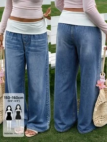 SHEIN PETITE 女款街頭時尚拼接色寬鬆牛仔長褲，適合日常穿著 - 藍色 - 查看 9
