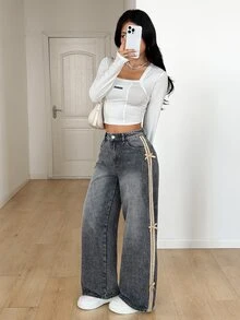 SHEIN PETITE 女款鈕扣半開襟雙口袋側邊蝴蝶結裝飾休閒時尚牛仔褲 - 灰色 - 查看 5